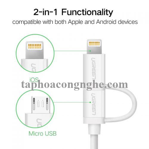 Ugreen 20875 0.5M màu Trắng Cáp sạc đa năng USB sang MicroUSB + Lightning US178 30020875